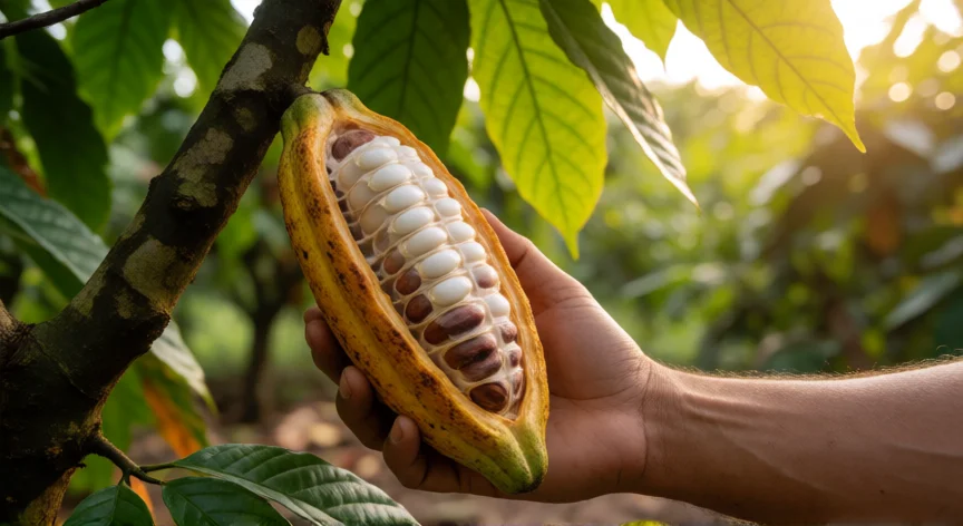 como se fabrica chocolate, Vaina de cacao abierta mostrando las semillas envueltas en pulpa blanca en una plantación tropical