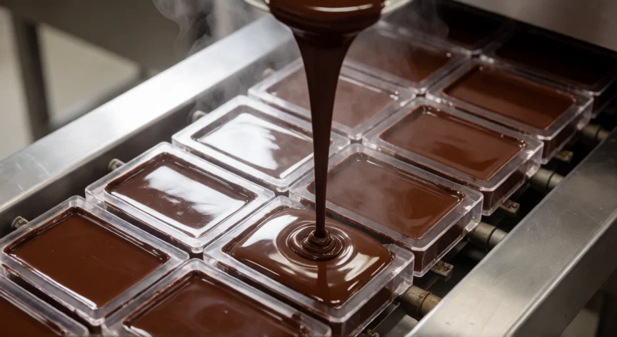 como se fabrica chocolate, Moldeado industrial de chocolate líquido en moldes de acetato en una fábrica
