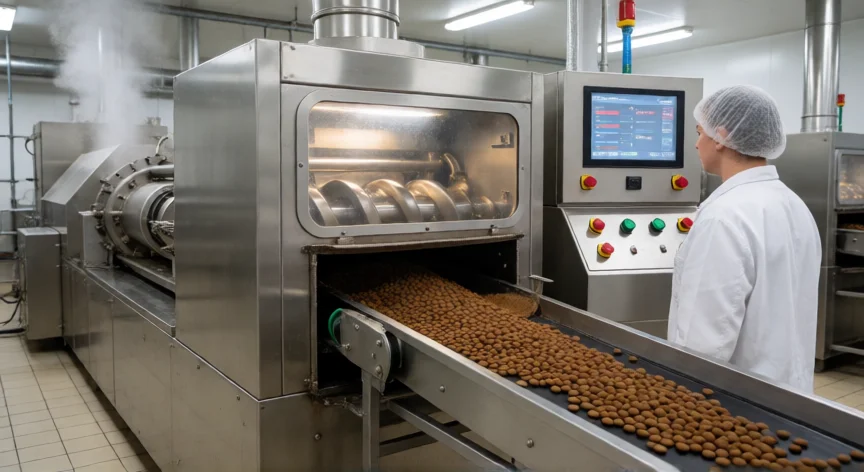 Línea de extrusión industrial fabricando croquetas para perro en una planta moderna