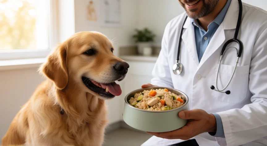 como se fabrica comida para perros, Veterinario mostrando comida casera equilibrada para perro en consulta
