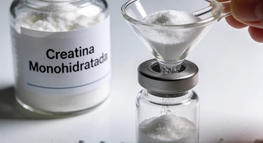 como se fabrica creatina, Polvo blanco de creatina monohidratada en vial de laboratorio con botella etiquetada