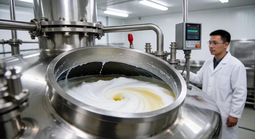 cómo se fabrica detergente, Reactor industrial de acero inoxidable con detergente líquido en proceso de mezcla