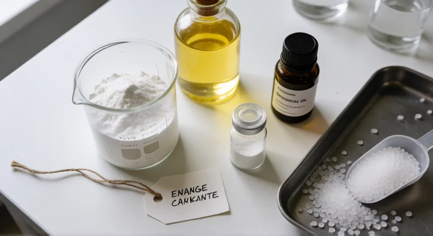 cómo se fabrica detergente, Ingredientes para la fabricación de detergente sobre mesa de laboratorio