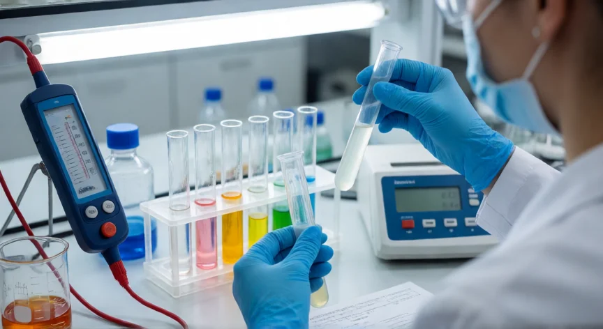 como se fabrica detergente liquido, Técnico de laboratorio realizando control de calidad del detergente líquido