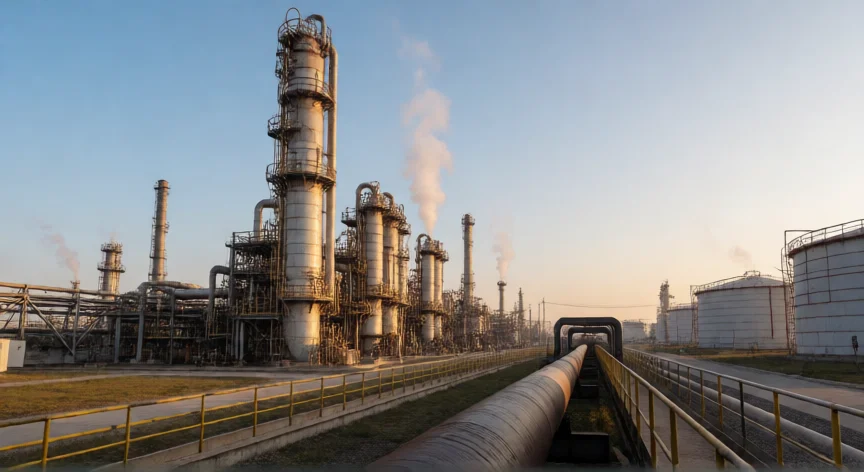 como se fabrica diesel, Torre de destilación en una refinería de petróleo con tuberías y depósitos de almacenamiento