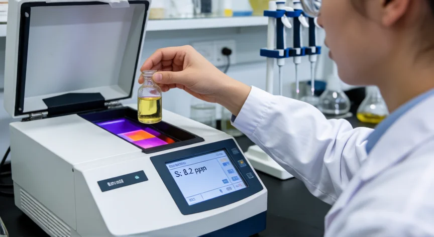 como se fabrica diesel, Técnico de laboratorio analizando el contenido de azufre en una muestra de diésel con espectrómetro UV