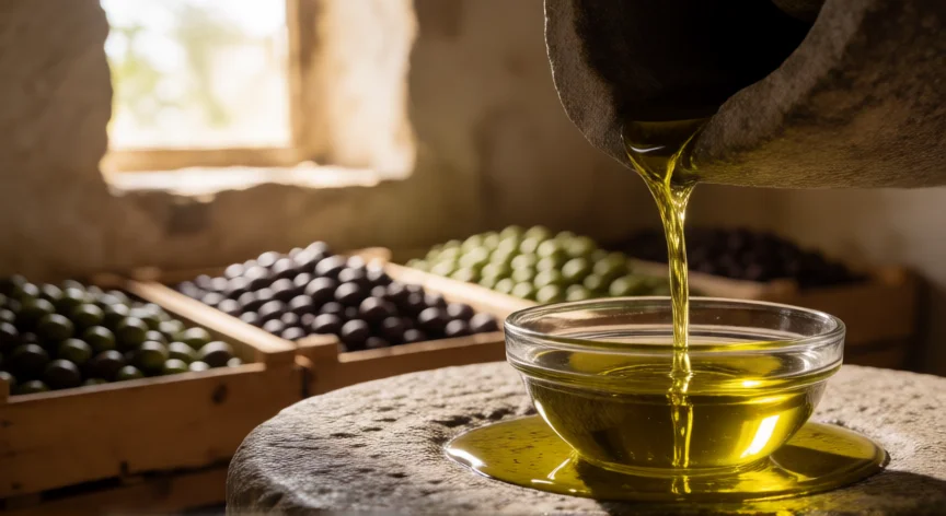 como se fabrica el aceite de oliva, Aceite de oliva virgen extra cayendo desde una piedra volcánica en una almazara tradicional