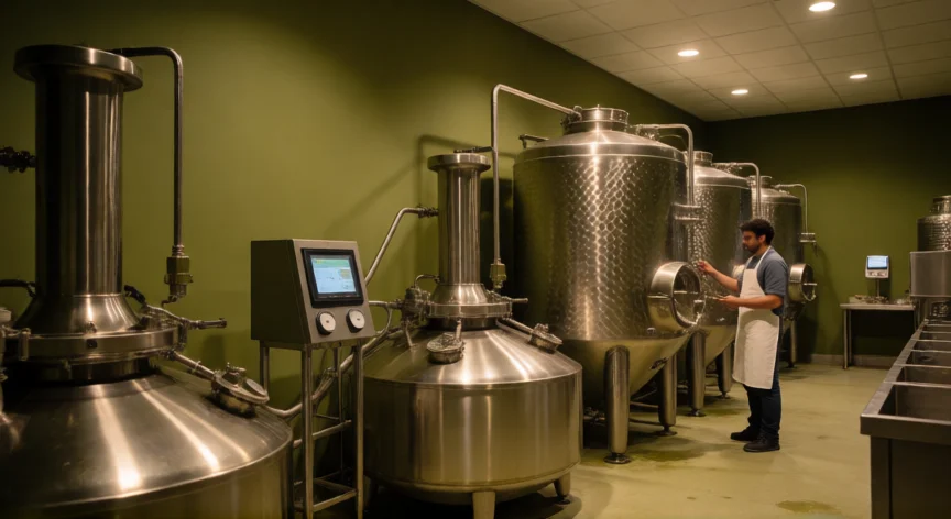 como se fabrica el aceite de oliva, Interior de una almazara moderna con centrifugadoras y malaxadores en acero inoxidable