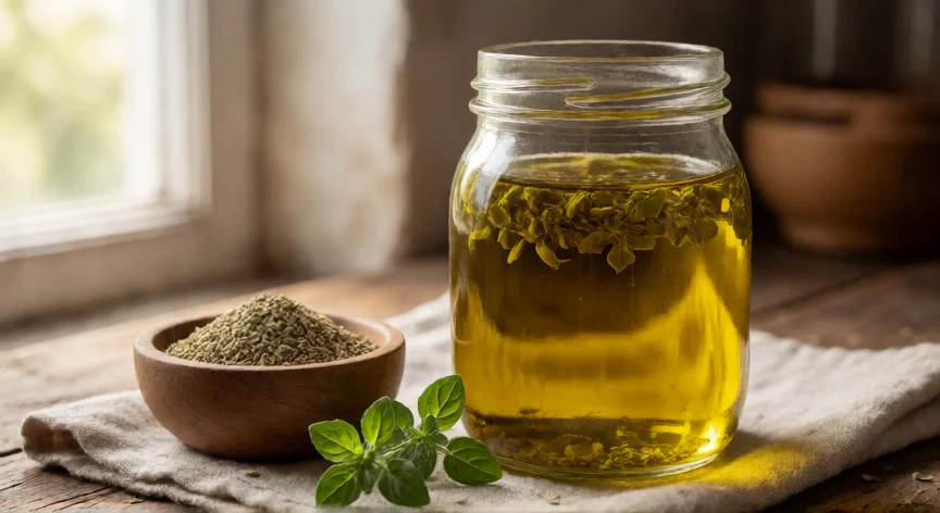 cómo se fabrica el aceite de orégano, Frasco de aceite de oliva infusionado con orégano seco sobre encimera de cocina