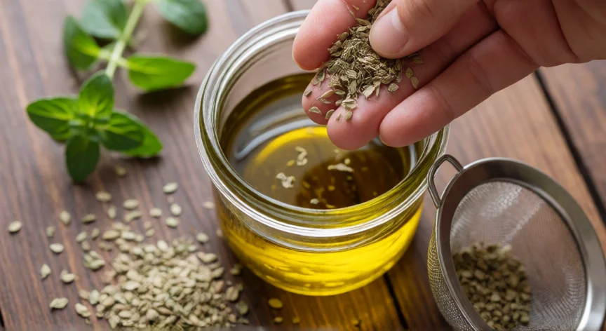 cómo se fabrica el aceite de orégano, Preparación artesanal de aceite de orégano con colado y frasco de vidrio