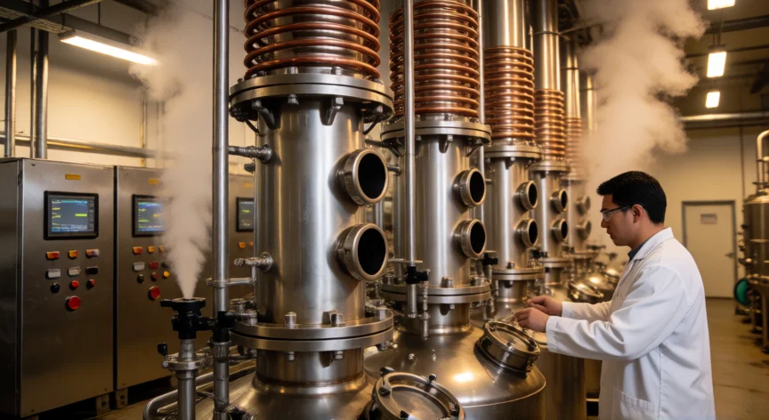 como se fabrica el alcohol de 96, Columnas de destilación fraccionada en planta industrial de etanol