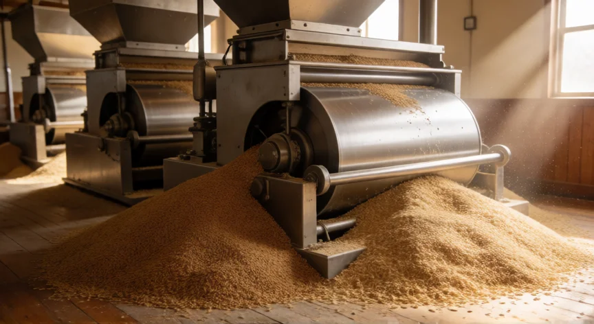 como se fabrica el arroz integral, Interior de una planta de molienda de arroz durante el descascarillado, separando la cáscara del grano integral.
