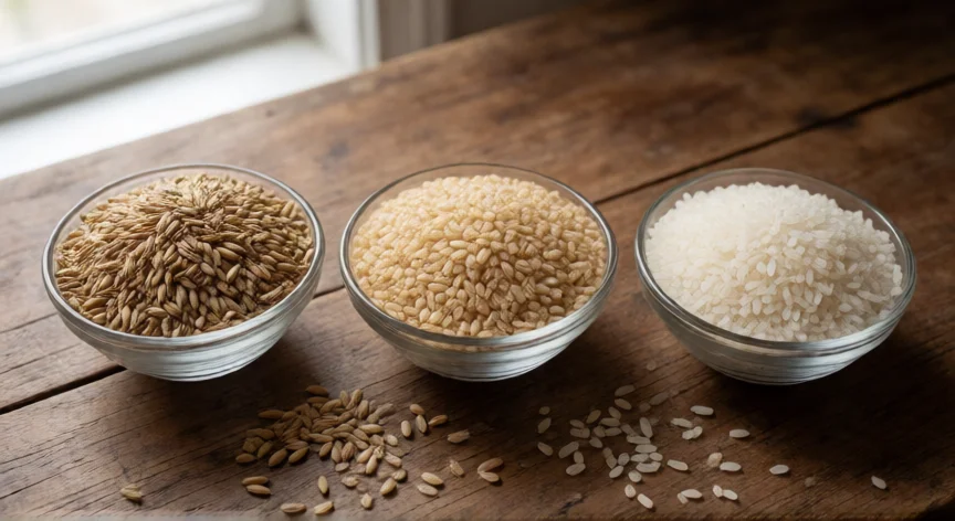 como se fabrica el arroz integral, Comparación visual de arroz en cáscara, arroz integral y arroz blanco en tres cuencos sobre madera.