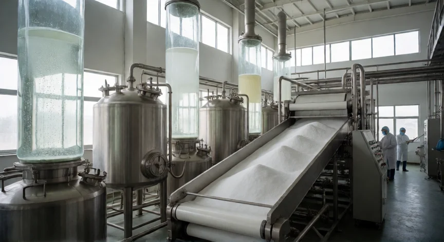 como se fabrica el bicarbonato de sodio, Planta industrial de fabricación de bicarbonato con columnas de absorción y cristalizadores