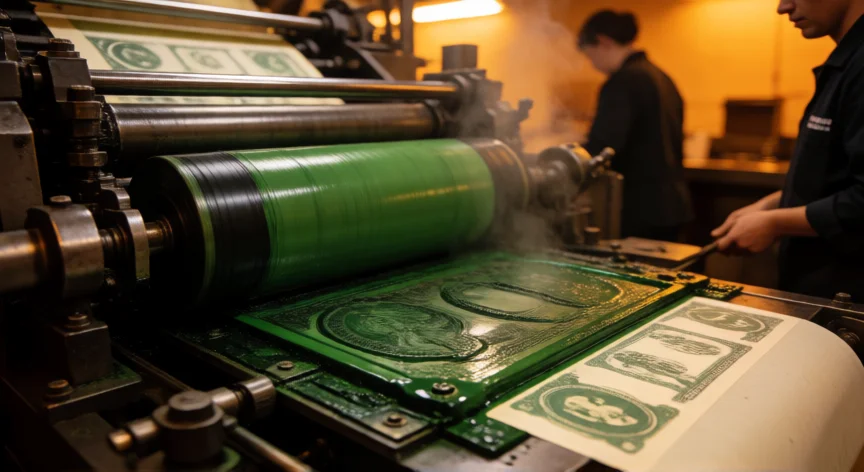 como se fabrica el billete de 100 dolares, Prensa de impresión intaglio del BEP aplicando tinta verde en relieve sobre papel de algodón para billetes de 100 dólares