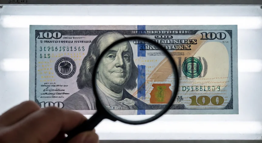 como se fabrica el billete de 100 dolares, Analista examinando las características de seguridad del billete de 100 dólares con lupa sobre mesa de inspección