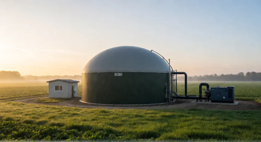 como se fabrica el biogas, Vista exterior de un biodigestor agrícola con gasómetro al amanecer