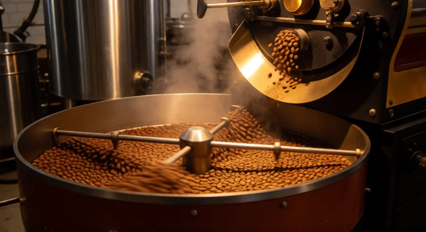 como se fabrica el cafe instantaneo, Tambor industrial de tueste de café con granos dorados en movimiento y vapor