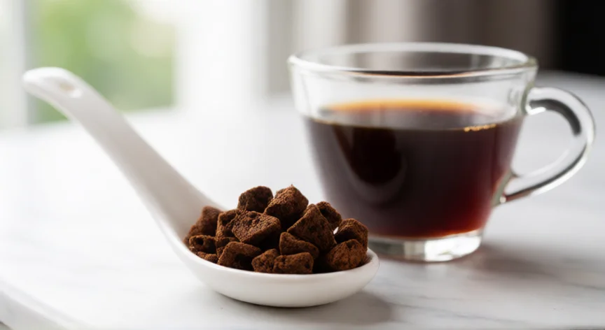 como se fabrica el cafe instantaneo, Cristales de café instantáneo liofilizado en una cuchara junto a una taza de café negro