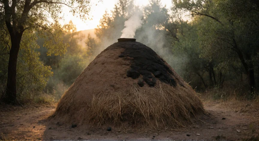 como se fabrica el carbon vegetal, Carbonera tradicional en un claro del bosque con humo blanco saliendo por la ventilación superior