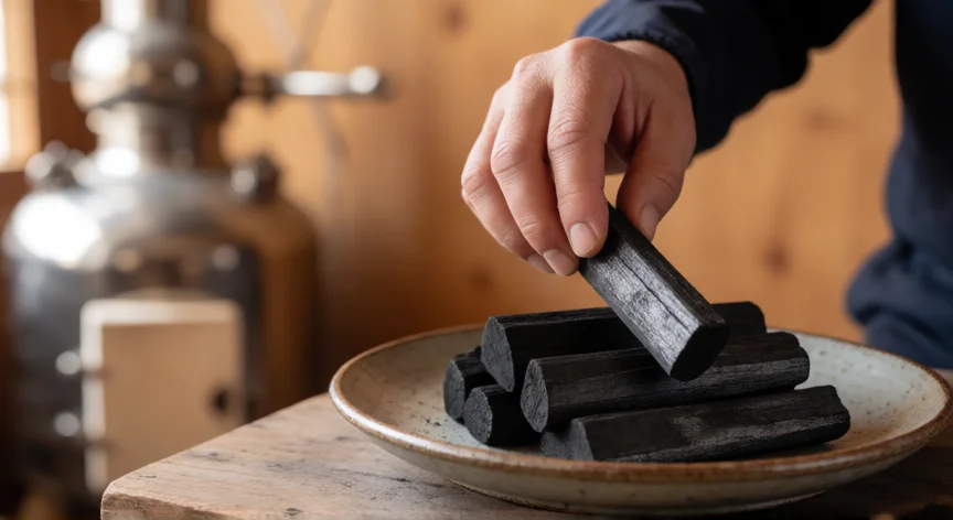 como se fabrica el carbon vegetal, Piezas de carbón Binchotan rompiéndose sobre un plato, aspecto denso y metálico