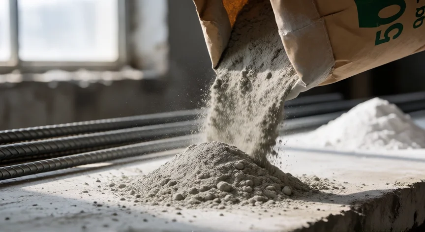 como se fabrica el cemento, Cemento Portland en saco de 50 kg con polvo en primer plano