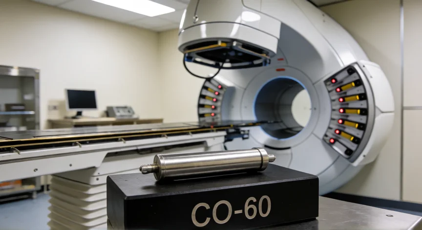 como se fabrica el cobalto 60, Fuente sellada de Cobalto-60 sobre bloque de plomo en unidad de teleterapia hospitalaria