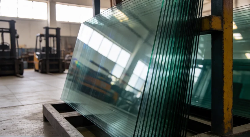 como se fabrica el cristal, Láminas de cristal float recién fabricadas apiladas en almacén industrial