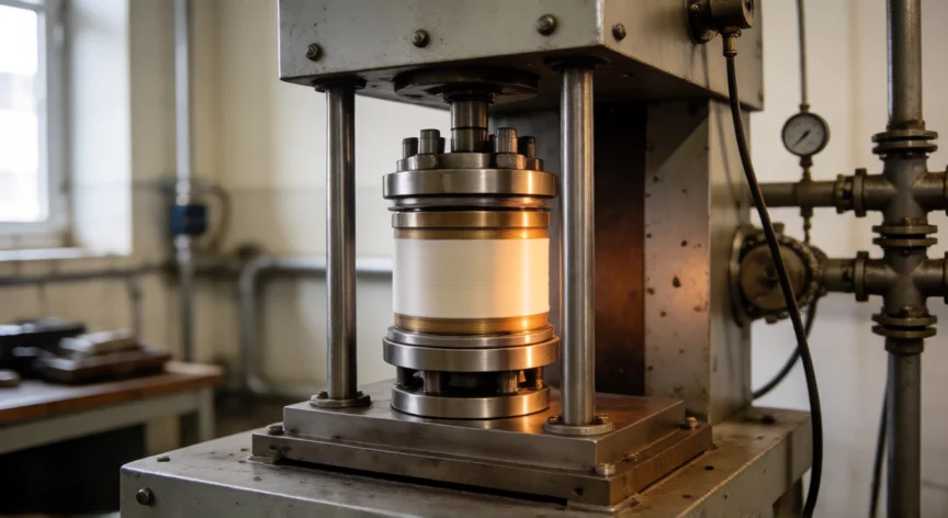 Prensa de correa de laboratorio aplicando alta presión para sintetizar un diamante sintético