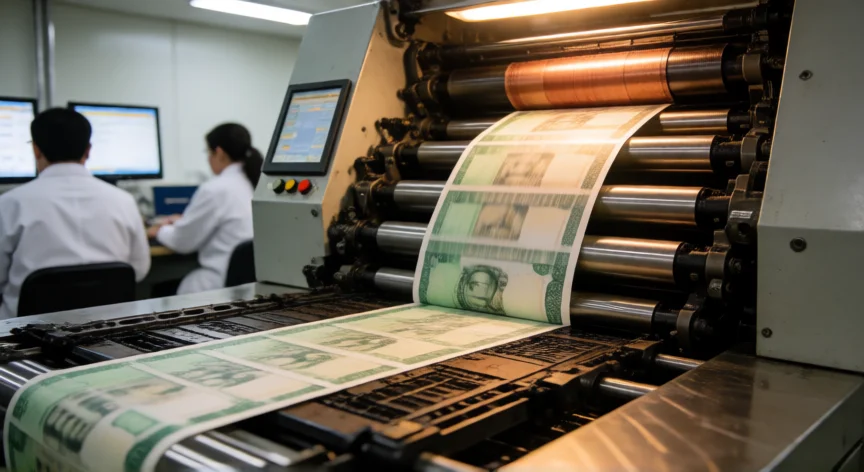 como se fabrica el dinero, Prensa industrial de impresión de billetes en una fábrica del banco central con operarios supervisando el proceso