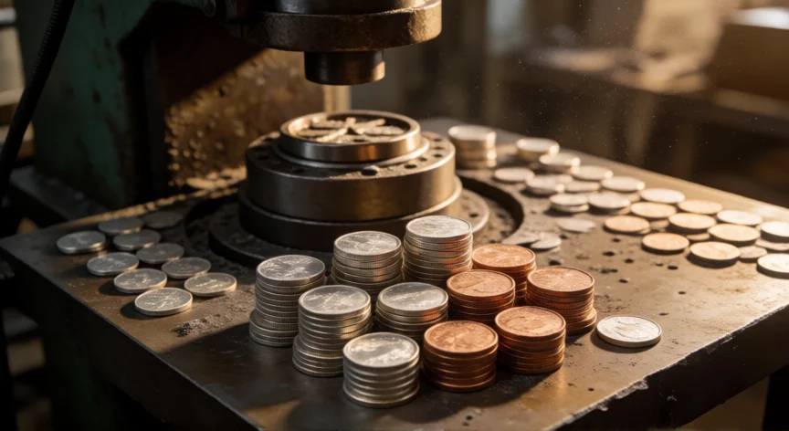 como se fabrica el dinero, Taller de acuñación de monedas con pilas de monedas recién fabricadas y prensa hidráulica al fondo