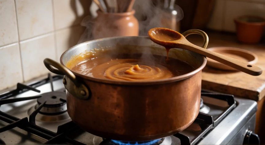 como se fabrica el dulce de leche, Olla de cobre con dulce de leche cociéndose a fuego lento en una cocina tradicional