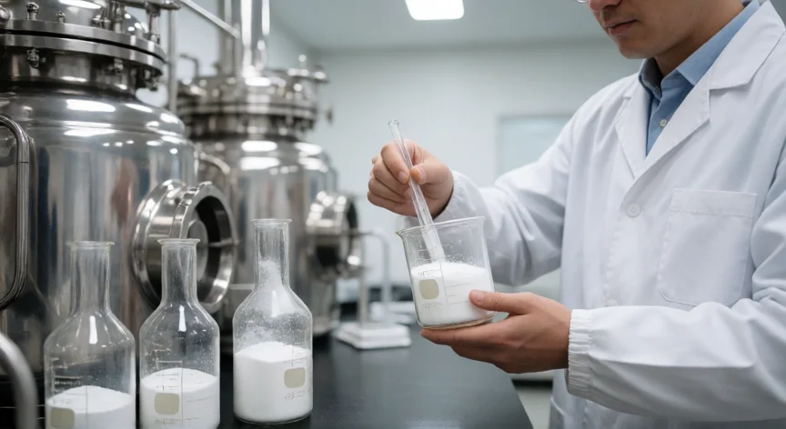 Químico manipulando cristales de edulcorante en un laboratorio industrial moderno