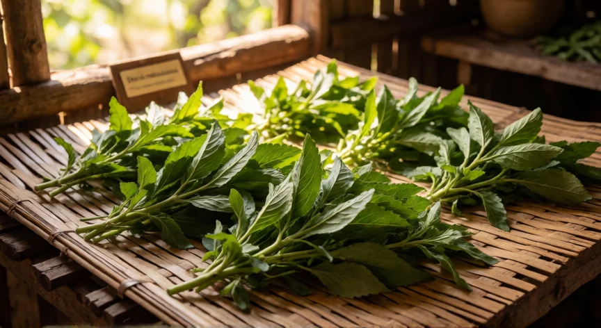 cómo se fabrica el edulcorante, Hojas de Stevia rebaudiana secándose a la sombra en un proceso artesanal paraguayo