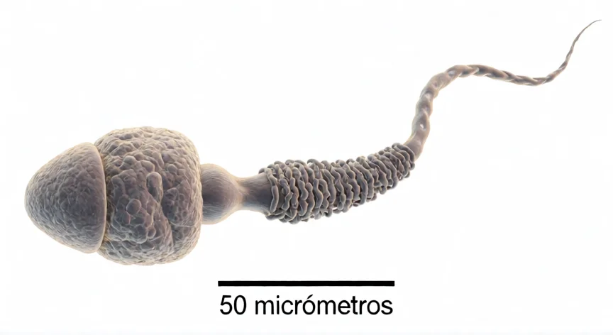 como se fabrica el esperma, Espermatozoide maduro con cabeza, cuello y cola con mitocondrias en espiral