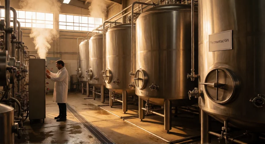 Tanques de fermentación industrial de etanol con vapor y paneles de control