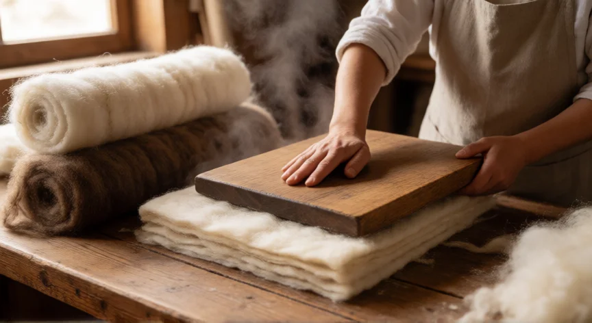 Obrero presionando capas de lana con vapor en un taller tradicional de fieltro