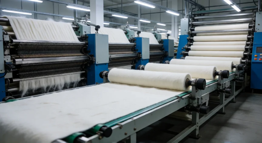 como se fabrica el fieltro, Máquinas de punzonado industrial fabricando fieltro en una planta moderna