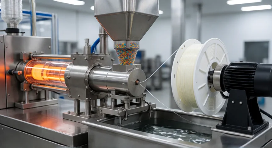 como se fabrica el filamento 3d, Línea de extrusión industrial fabricando filamento PLA con baño de enfriamiento y bobinado automático
