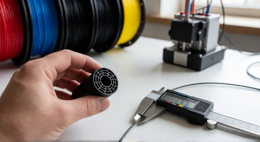 como se fabrica el filamento 3d, Medición de diámetro de filamento 3D con calibrador digital y bobinas de colores en segundo plano