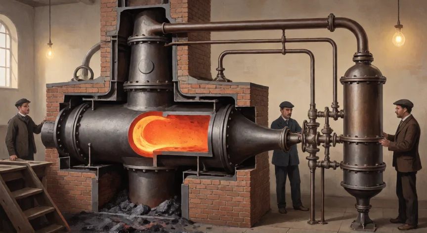 Horno de retorta del siglo XIX para fabricar gas de alumbrado a partir de carbón mineral