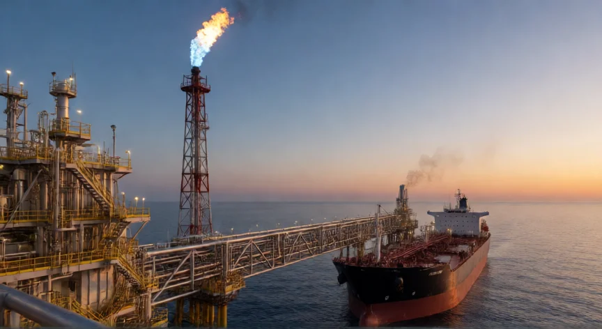 cómo se fabrica el gas, Plataforma de procesamiento de gas natural con antorcha y buque metanero en el mar