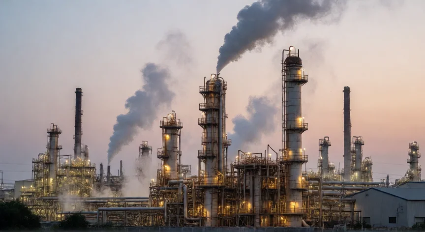 Refinería de petróleo con torres de destilación atmosférica al atardecer