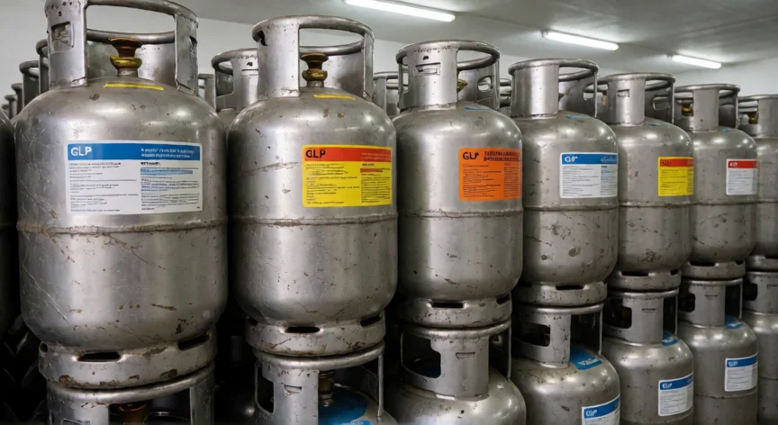 como se fabrica el gas licuado, Cilindros de gas licuado apilados en almacén de distribución