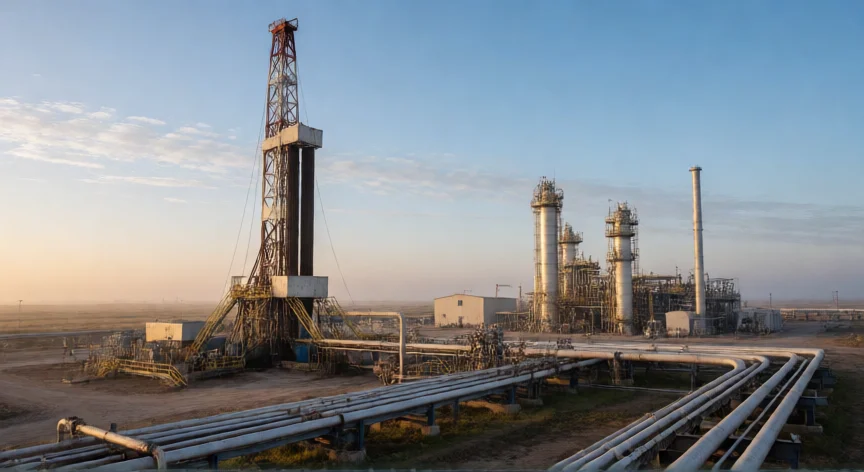 como se fabrica el gas natural, Planta de extracción y procesamiento de gas natural con torre de perforación y separadores industriales