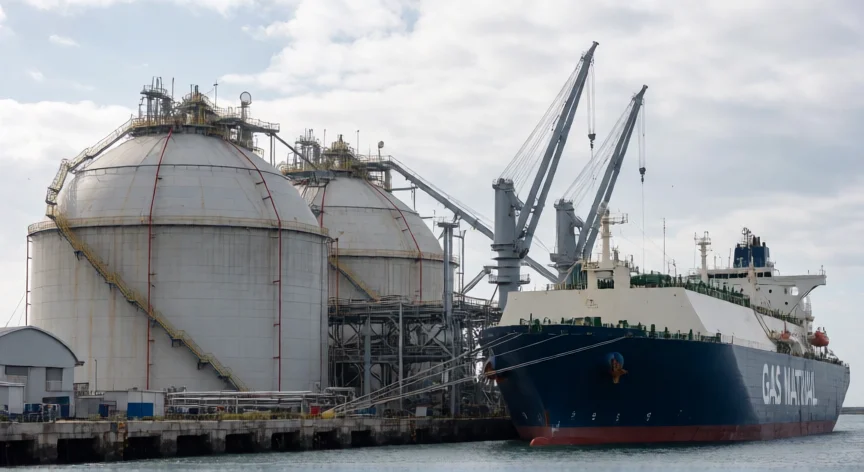 como se fabrica el gas natural, Terminal de GNL con tanques criogénicos y buque metanero en muelle portuario