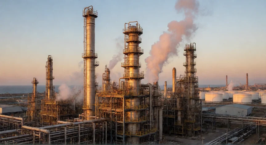 Refinería de petróleo con torres de destilación al atardecer