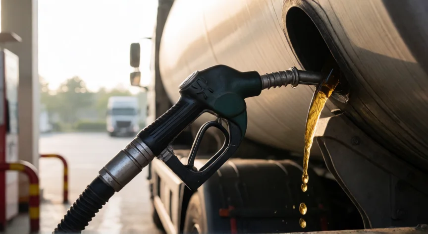 como se fabrica el gasoil, Surtidor de gasoil llenando el tanque de un camión industrial