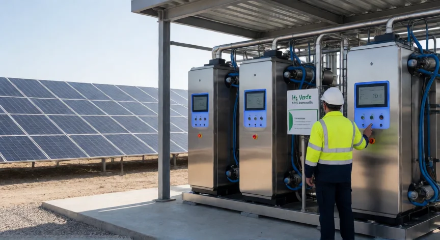 como se fabrica el hidrogeno, Electrolizadores PEM junto a una planta fotovoltaica para producir hidrógeno verde renovable