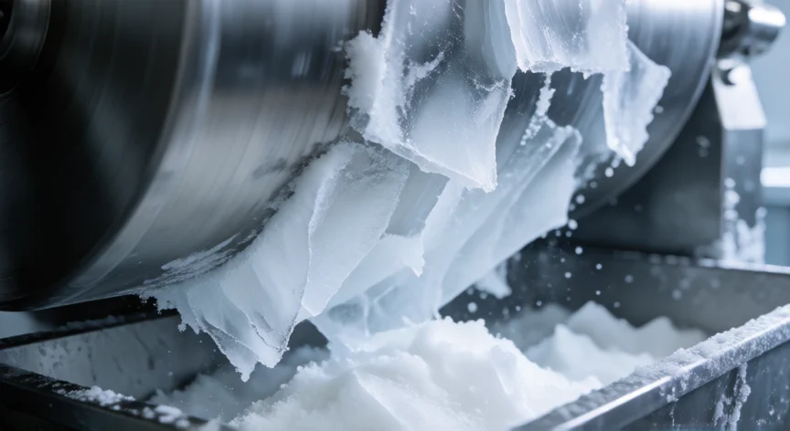 como se fabrica el hielo, Rodillo de fabricación de hielo en escamas con raspador desprendiendo láminas de hielo